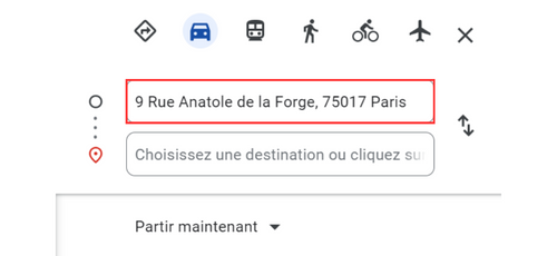 toncarton : renseigner l'adresse de départ sur Google Maps